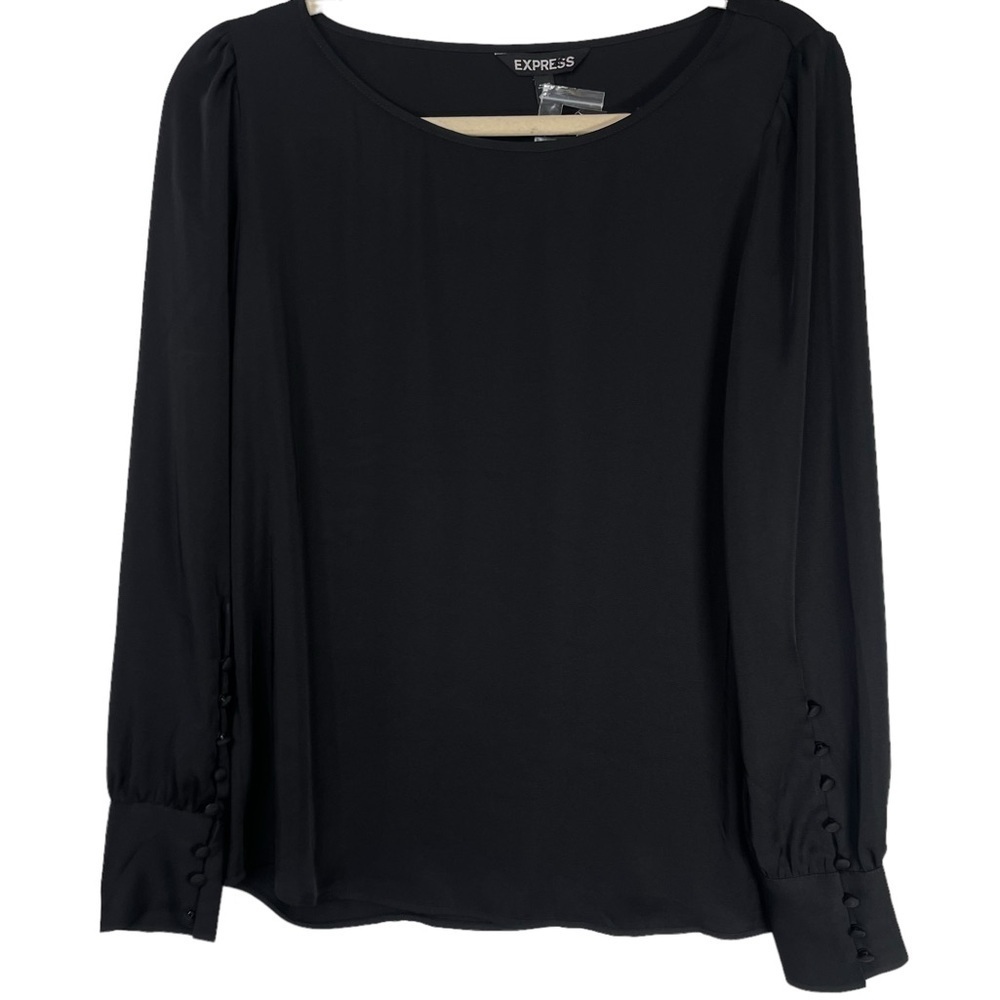 Express Womens Black Sheer Blouse Size Med Long Sleeve Round Neck Career NWT